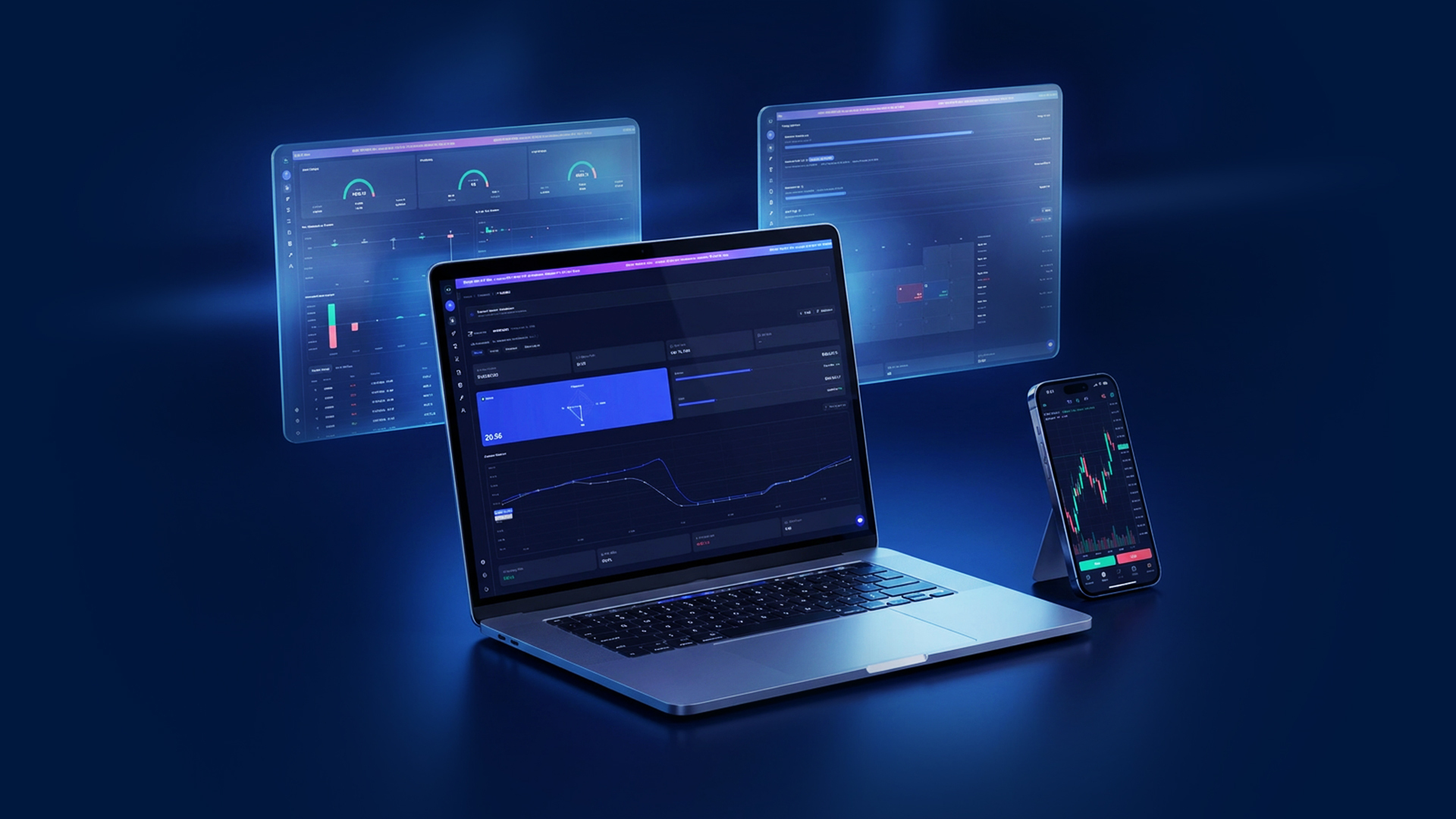 FundingPips trading dashboard across desktop, web, and mobile